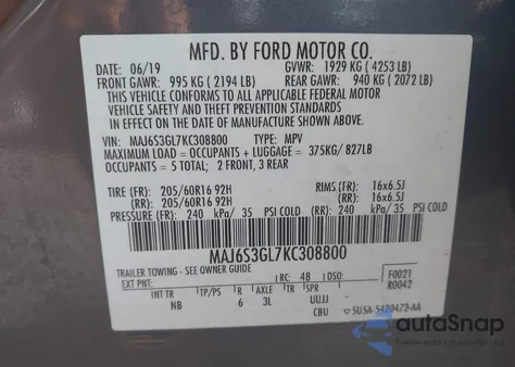 2019 Ford Ecosport Se z USA, uszkodzony, nr VIN MAJ6S3GL7KC308800